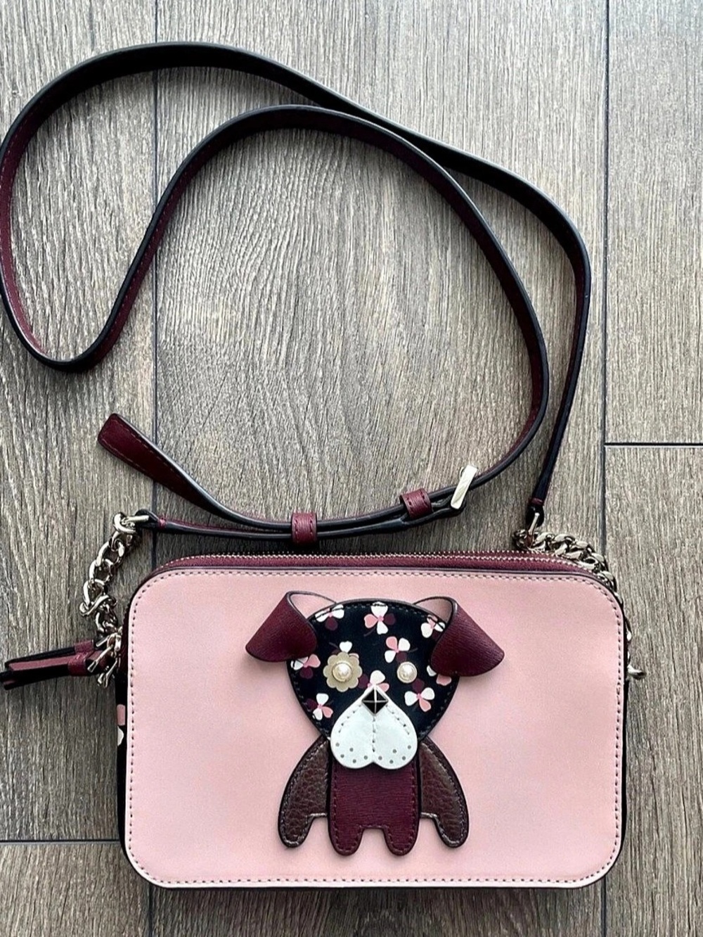 Kate Spade Floral Pup Cherrywood Double Zip Small Crossbody Bag Purse